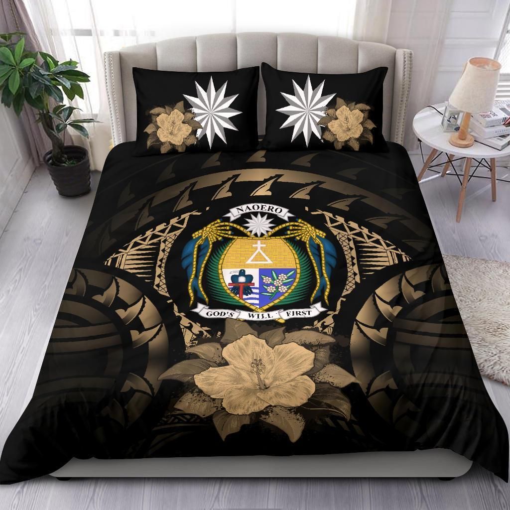Nauru Duvet Cover Set - Nauru Coat Of Arms & Brown Hibiscus