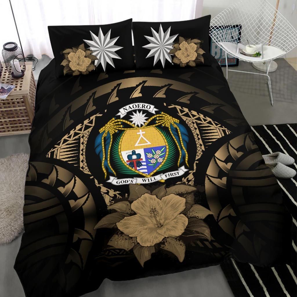 Nauru Duvet Cover Set - Nauru Coat Of Arms & Brown Hibiscus