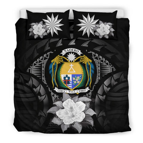 Nauru Duvet Cover Set - Nauru Coat Of Arms & Gray Hibiscus