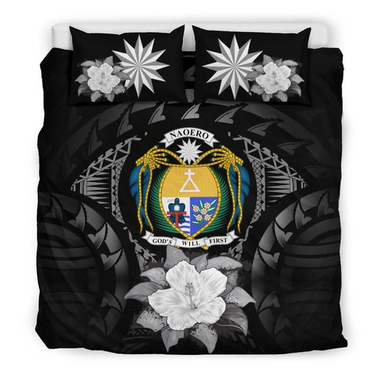 Nauru Duvet Cover Set - Nauru Coat Of Arms & Gray Hibiscus