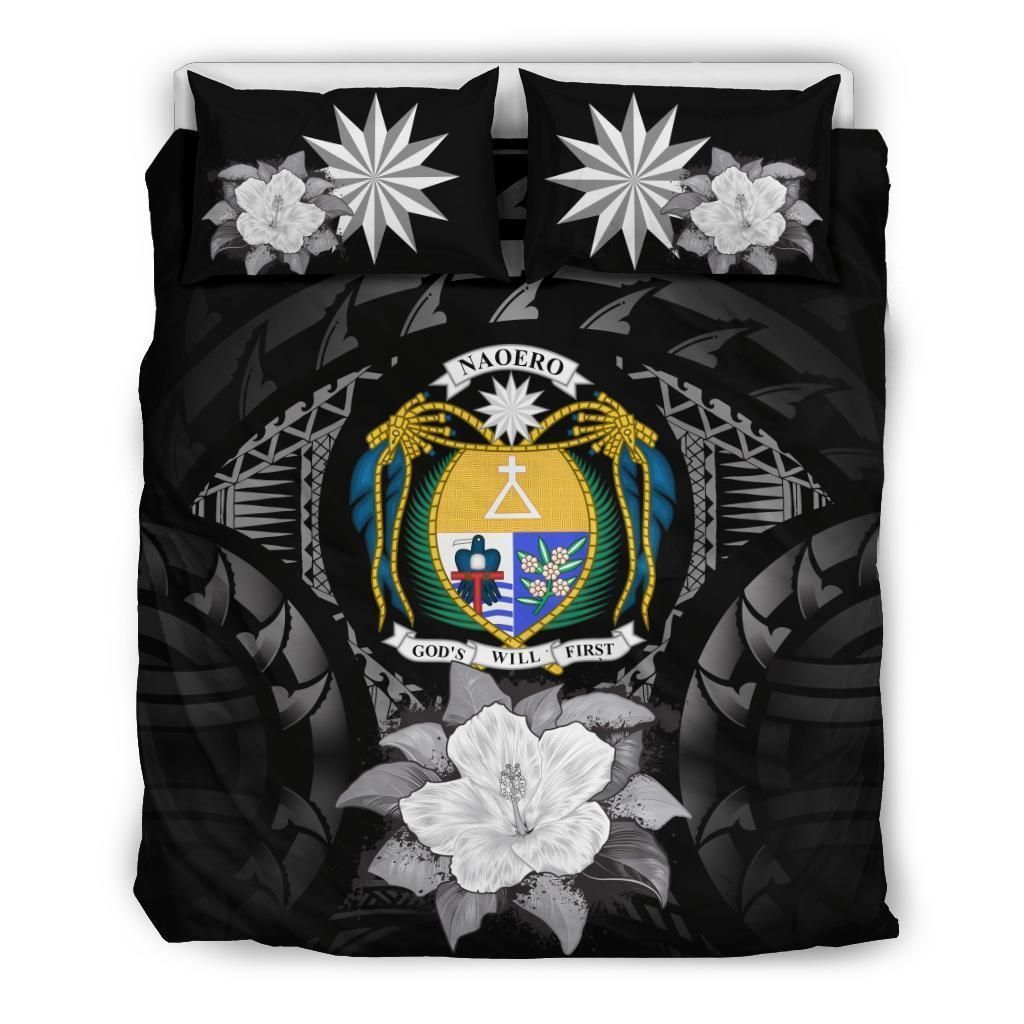 Nauru Duvet Cover Set - Nauru Coat Of Arms & Gray Hibiscus