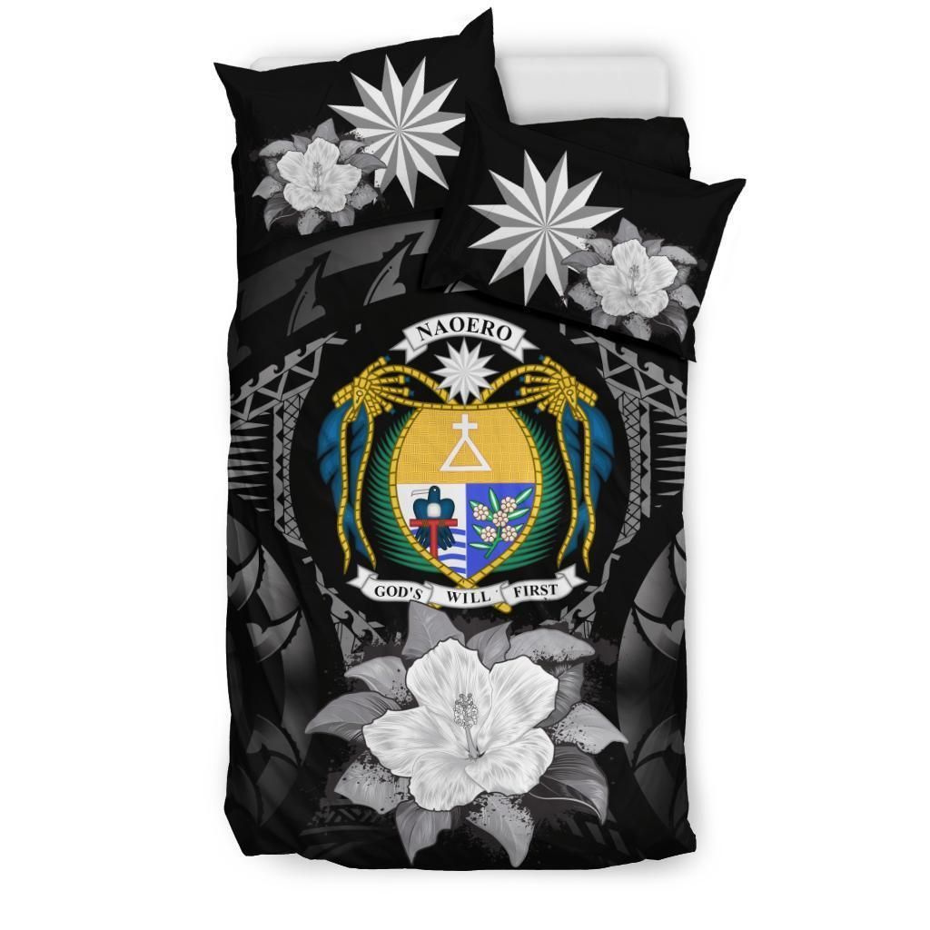 Nauru Duvet Cover Set - Nauru Coat Of Arms & Gray Hibiscus