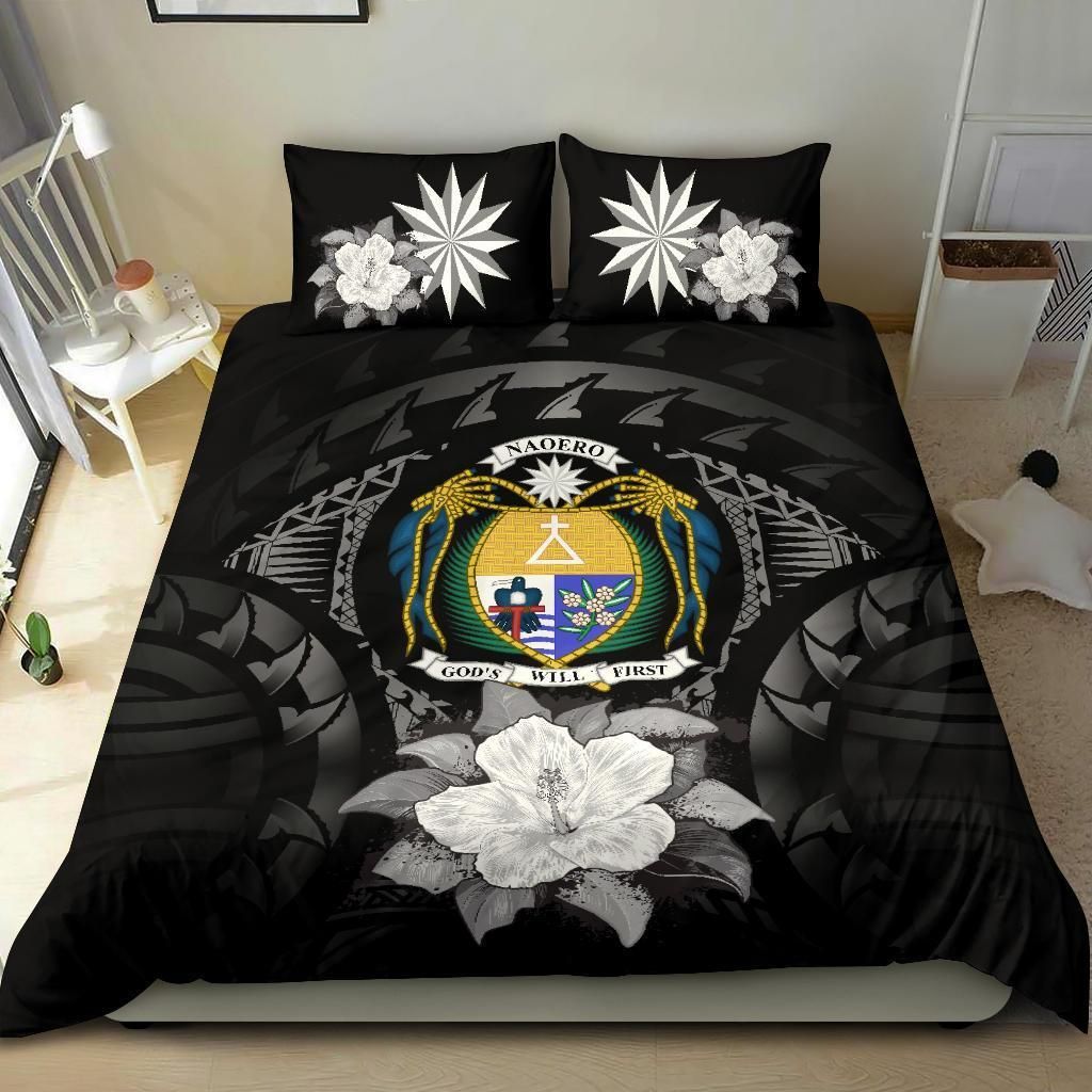 Nauru Duvet Cover Set - Nauru Coat Of Arms & Gray Hibiscus