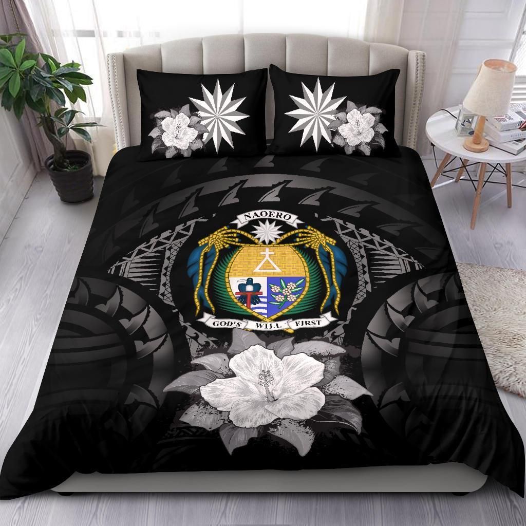 Nauru Duvet Cover Set - Nauru Coat Of Arms & Gray Hibiscus
