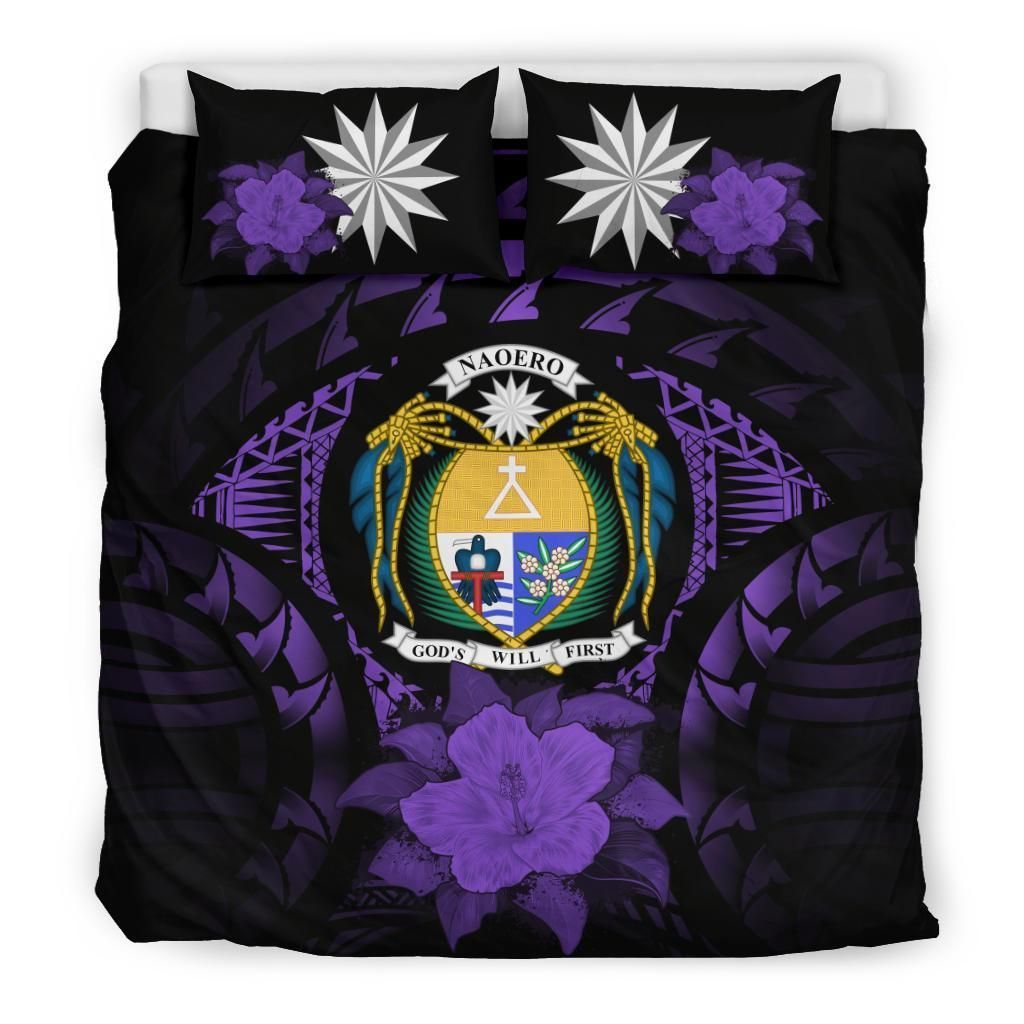 Nauru Duvet Cover Set - Nauru Coat Of Arms & Purple Hibiscus