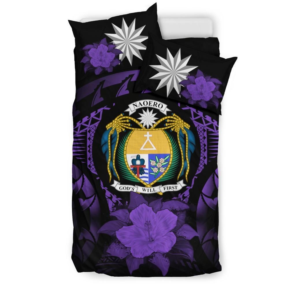 Nauru Duvet Cover Set - Nauru Coat Of Arms & Purple Hibiscus