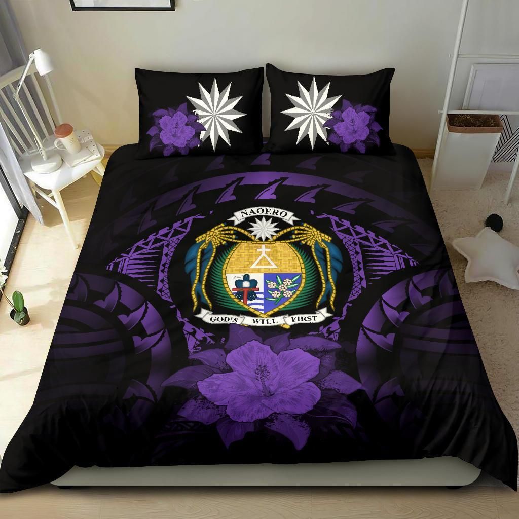 Nauru Duvet Cover Set - Nauru Coat Of Arms & Purple Hibiscus