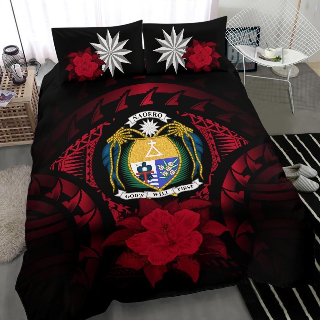 Nauru Duvet Cover Set - Nauru Coat Of Arms & Red Hibiscus