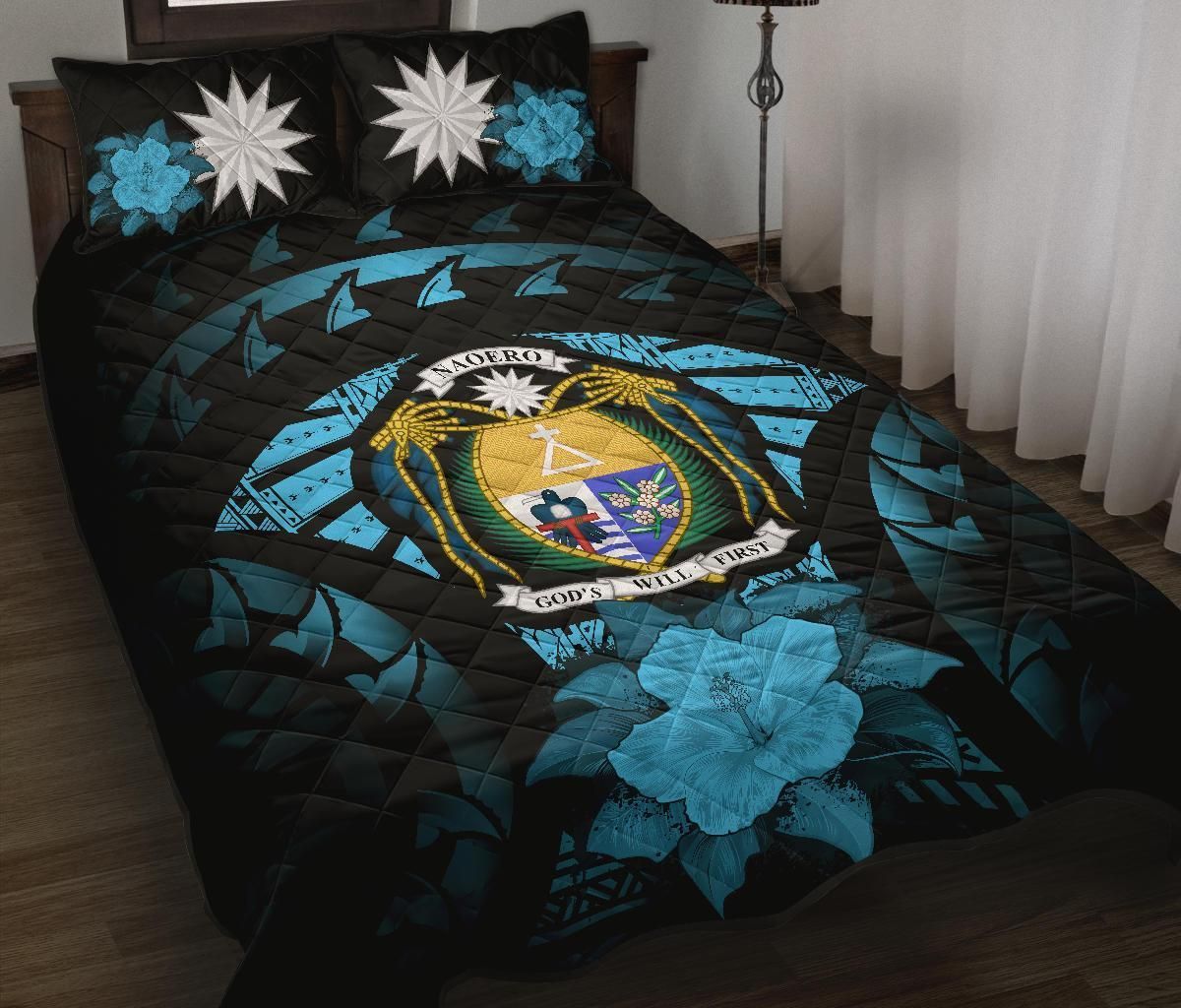Nauru Polynesian Quilt Bed Set Hibiscus Blue