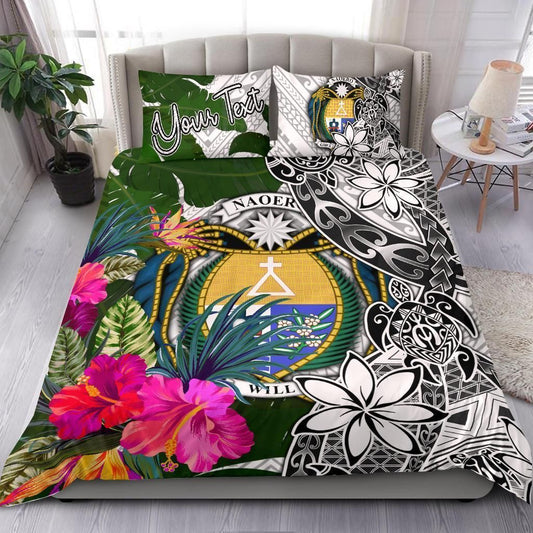 Nauru Custom Personalised Bedding Set White - Turle Plumeria Banana Leaf Crest
