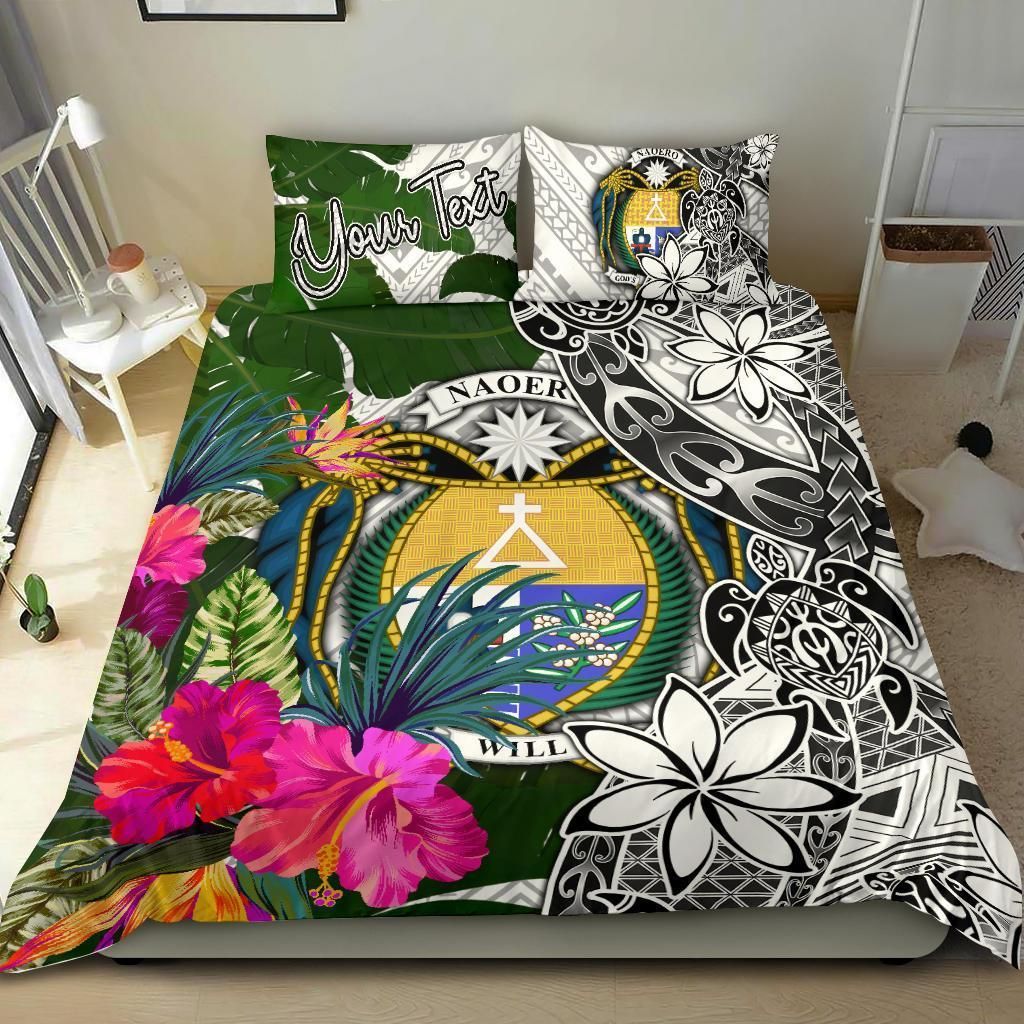 Nauru Custom Personalised Bedding Set White - Turle Plumeria Banana Leaf Crest