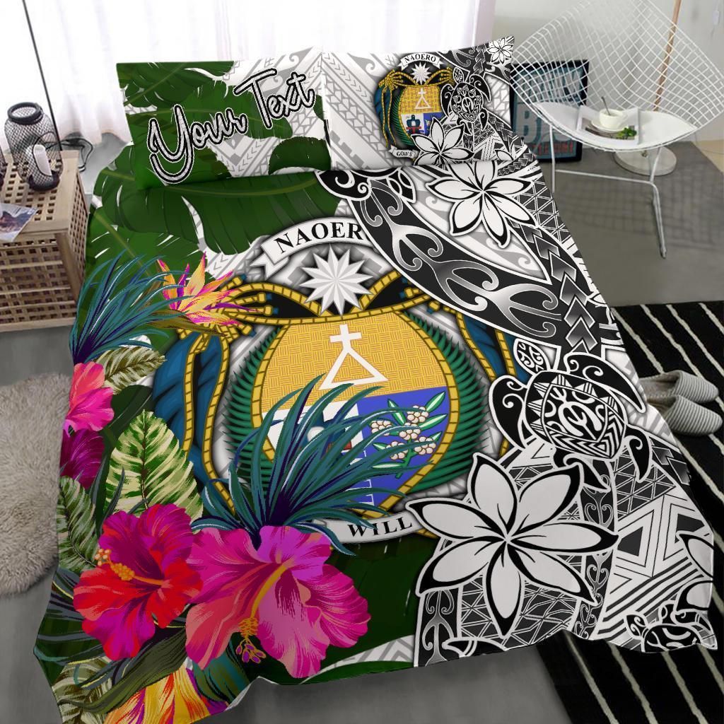 Nauru Custom Personalised Bedding Set White - Turle Plumeria Banana Leaf Crest