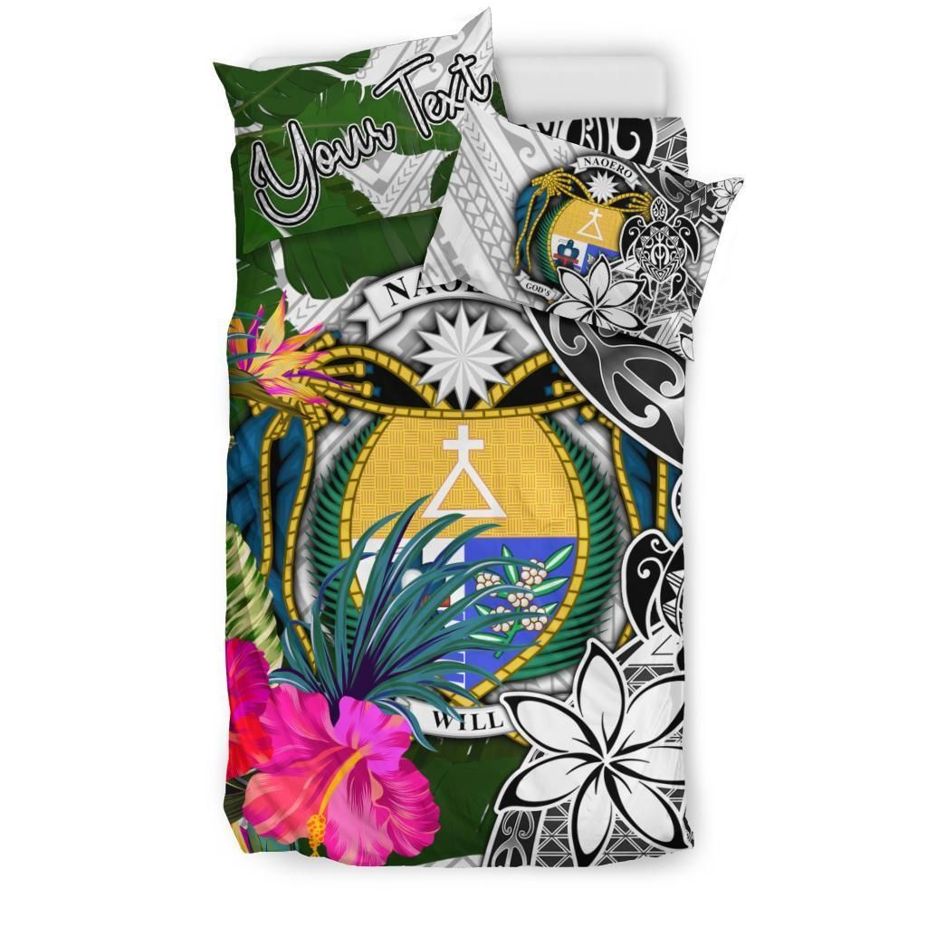 Nauru Custom Personalised Bedding Set White - Turle Plumeria Banana Leaf Crest