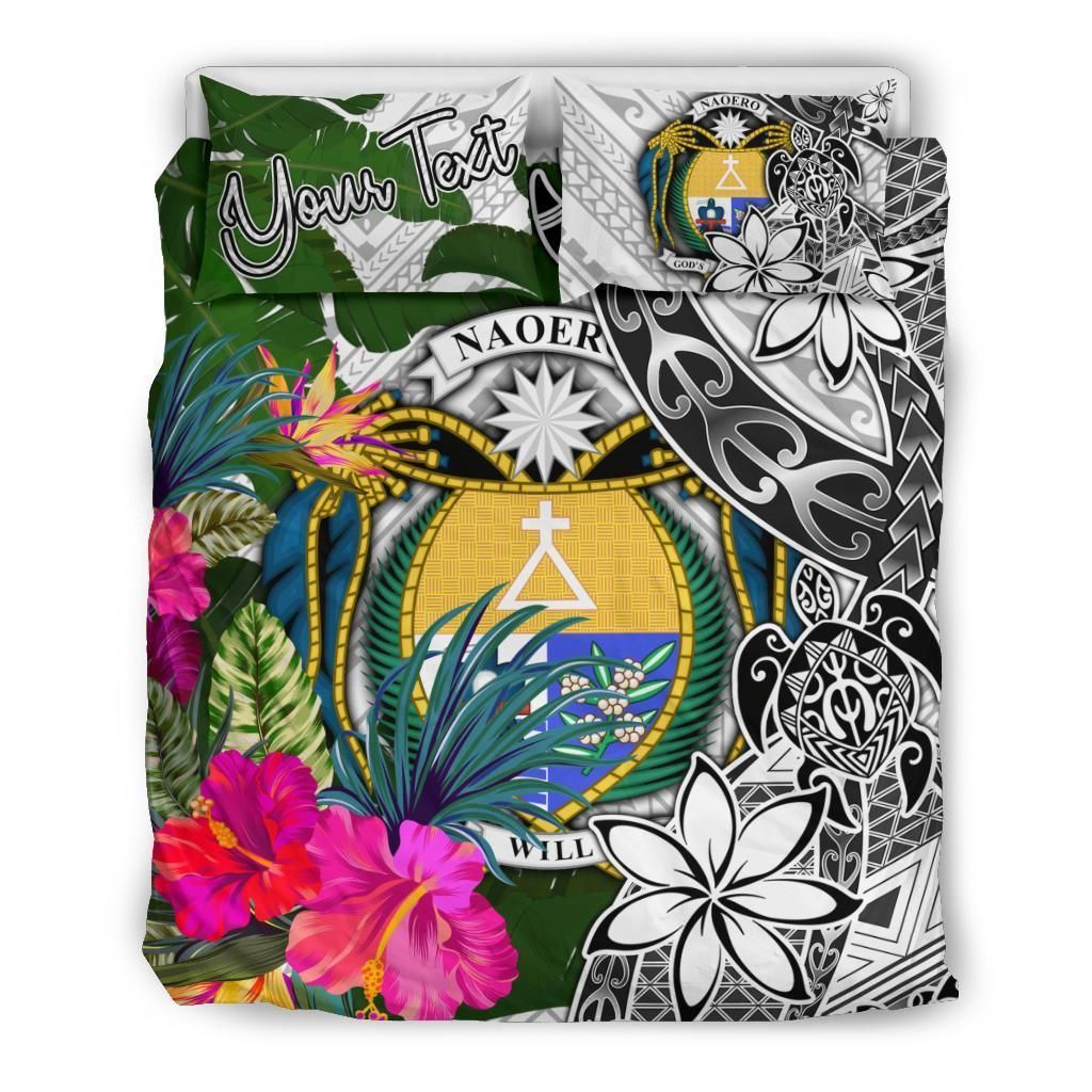 Nauru Custom Personalised Bedding Set White - Turle Plumeria Banana Leaf Crest