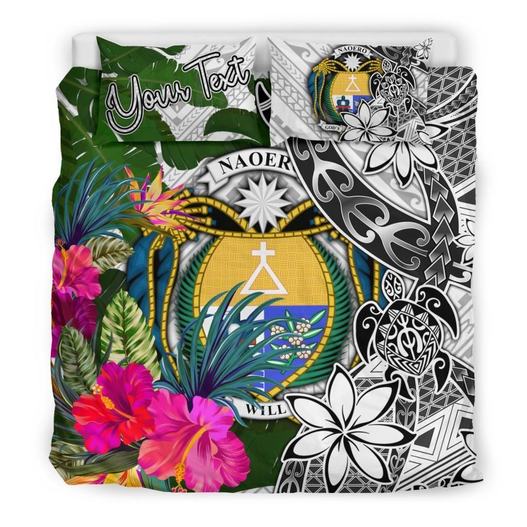 Nauru Custom Personalised Bedding Set White - Turle Plumeria Banana Leaf Crest