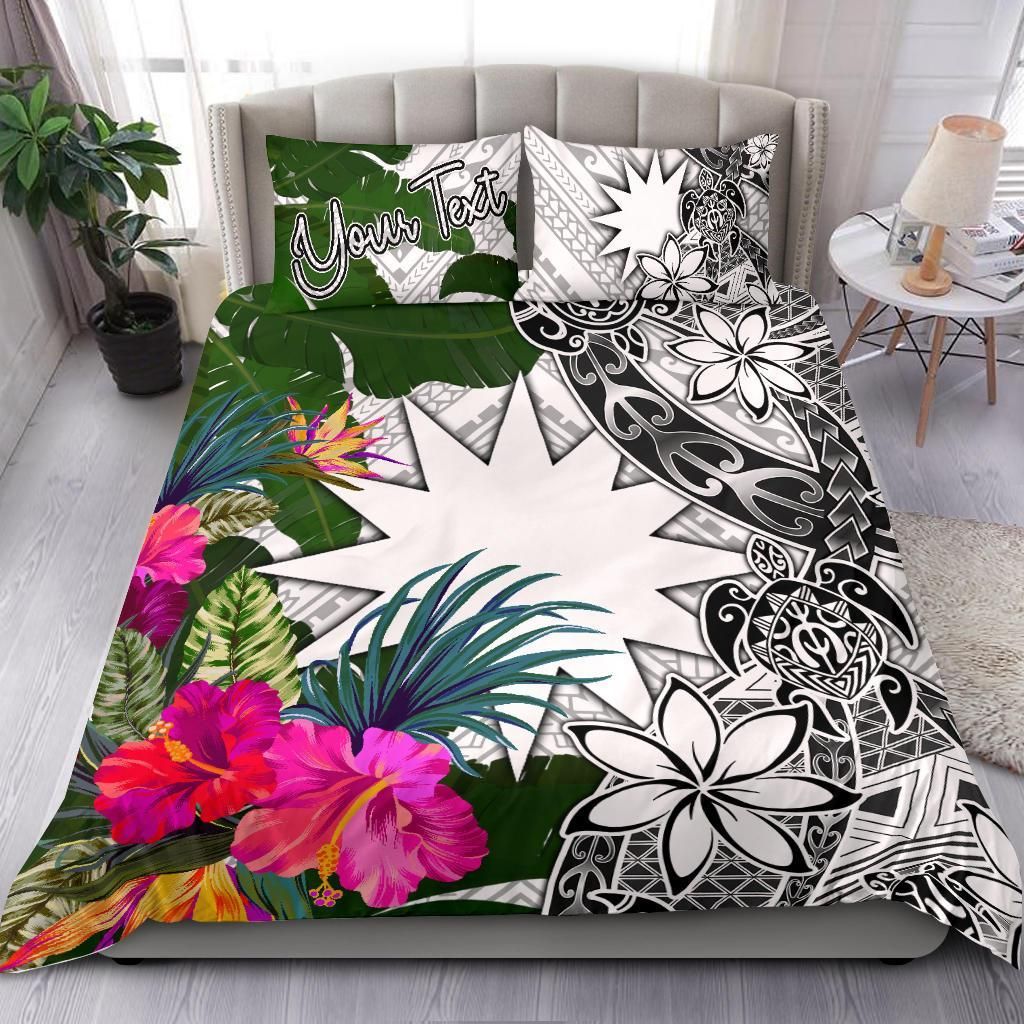 Nauru Custom Personalised Bedding Set White - Turtle Plumeria Banana Leaf