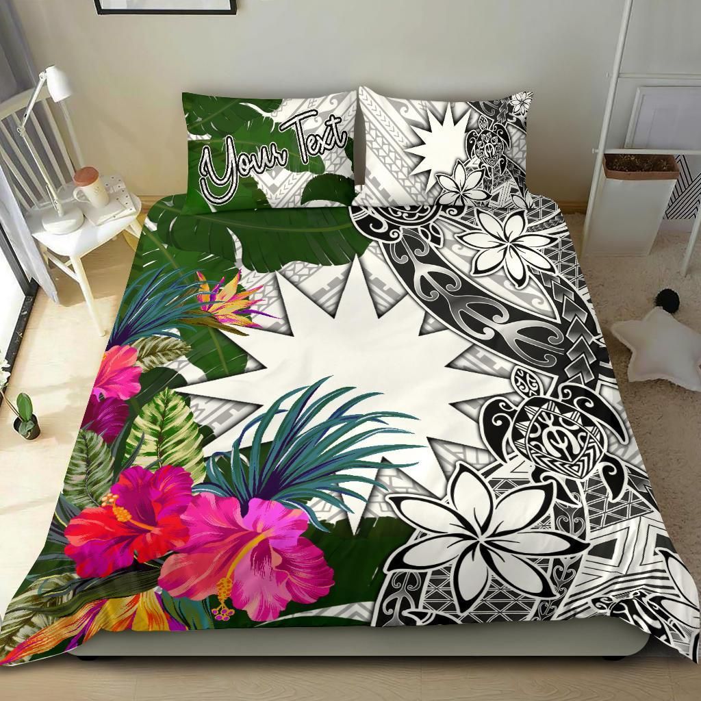 Nauru Custom Personalised Bedding Set White - Turtle Plumeria Banana Leaf