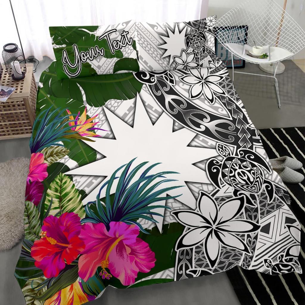 Nauru Custom Personalised Bedding Set White - Turtle Plumeria Banana Leaf