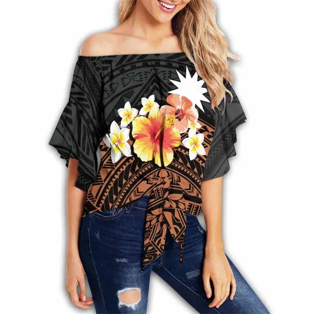 Nauru Custom Personalised Off Shoulder Wrap Waist Top - Tribal Pattern Hibiscus