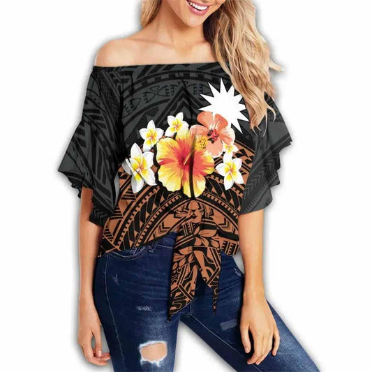 Nauru Custom Personalised Off Shoulder Wrap Waist Top - Tribal Pattern Hibiscus