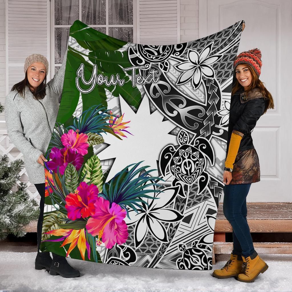 Nauru Custom Personalised Premium Blanket White - Turtle Plumeria Banana Leaf