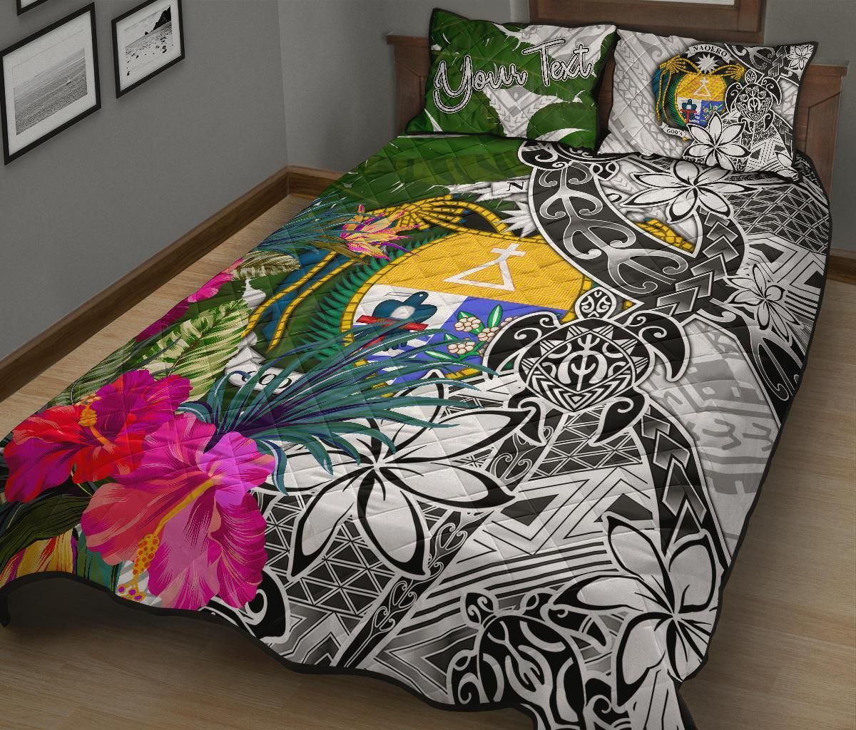 Nauru Custom Personalised Quilt Bed Set White - Turtle Plumeria Banana Leaf Crest