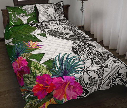 Nauru Custom Personalised Quilt Bed Set White - Turtle Plumeria Banana Leaf