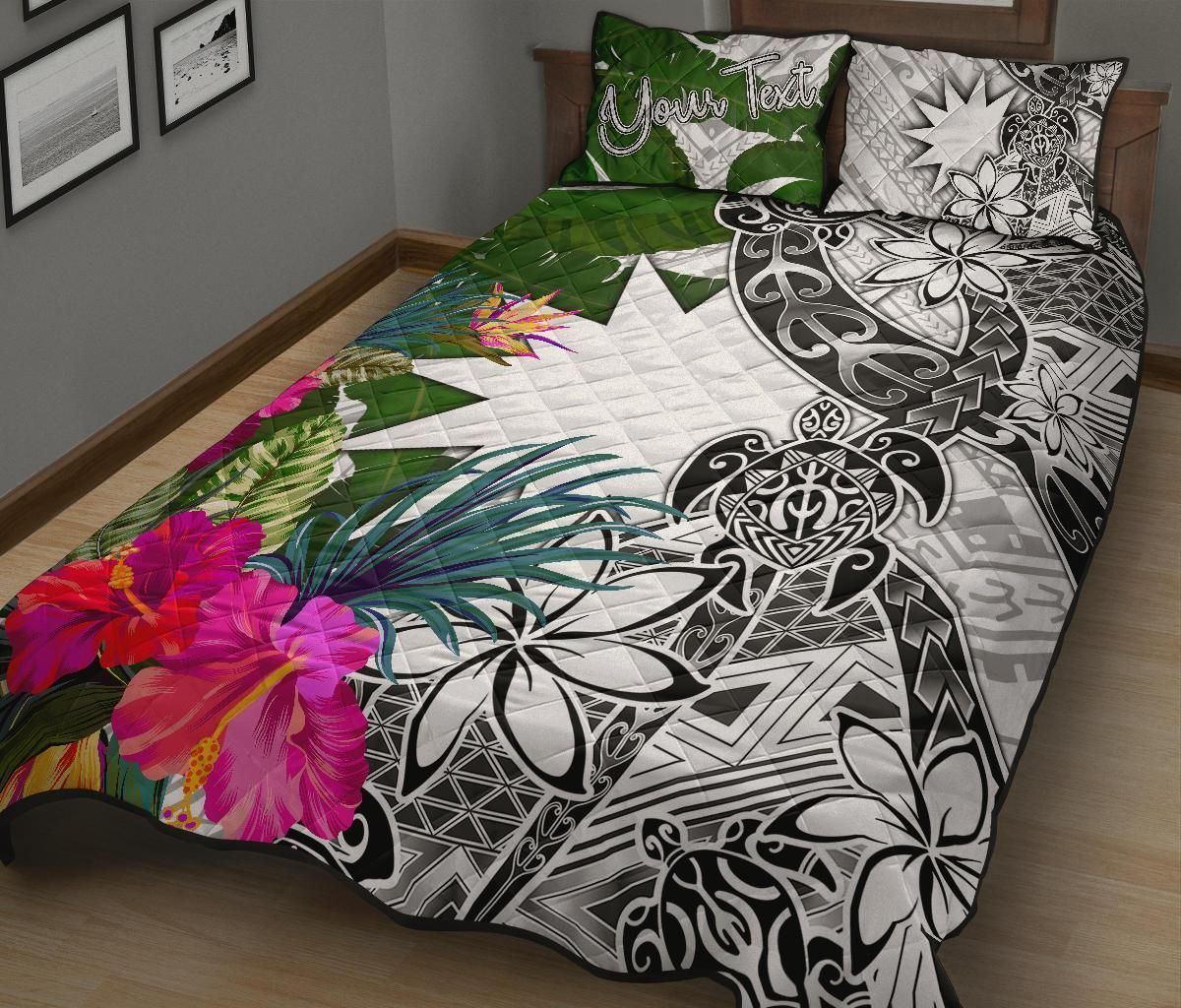 Nauru Custom Personalised Quilt Bed Set White - Turtle Plumeria Banana Leaf