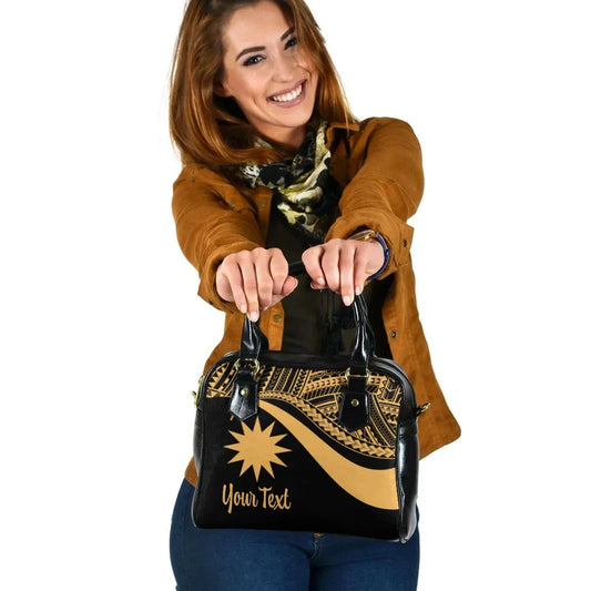 Nauru Custom Personalised Shoulder Handbag - Gold Polynesian Tentacle Tribal Pattern