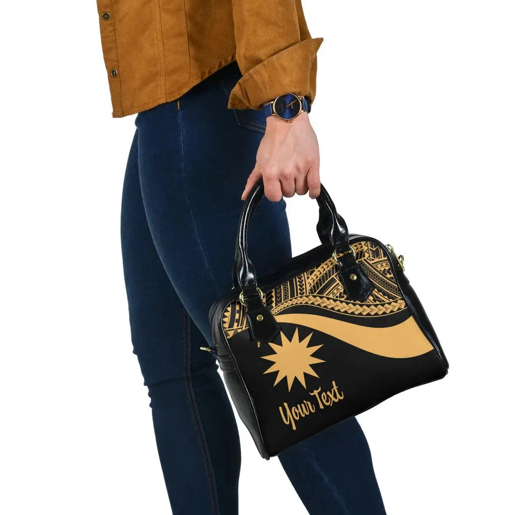 Nauru Custom Personalised Shoulder Handbag - Gold Polynesian Tentacle Tribal Pattern