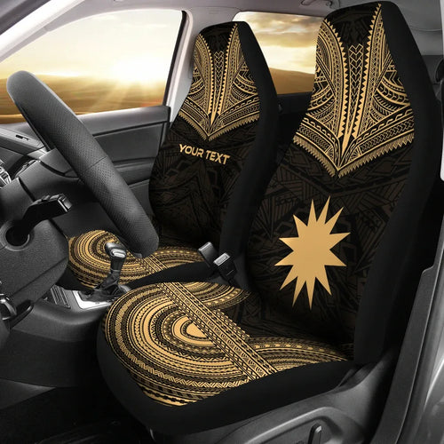 Nauru Custom Personalised Car Seat Cover - Nauru Flag Polynesian Chief Tattoo Gold Version