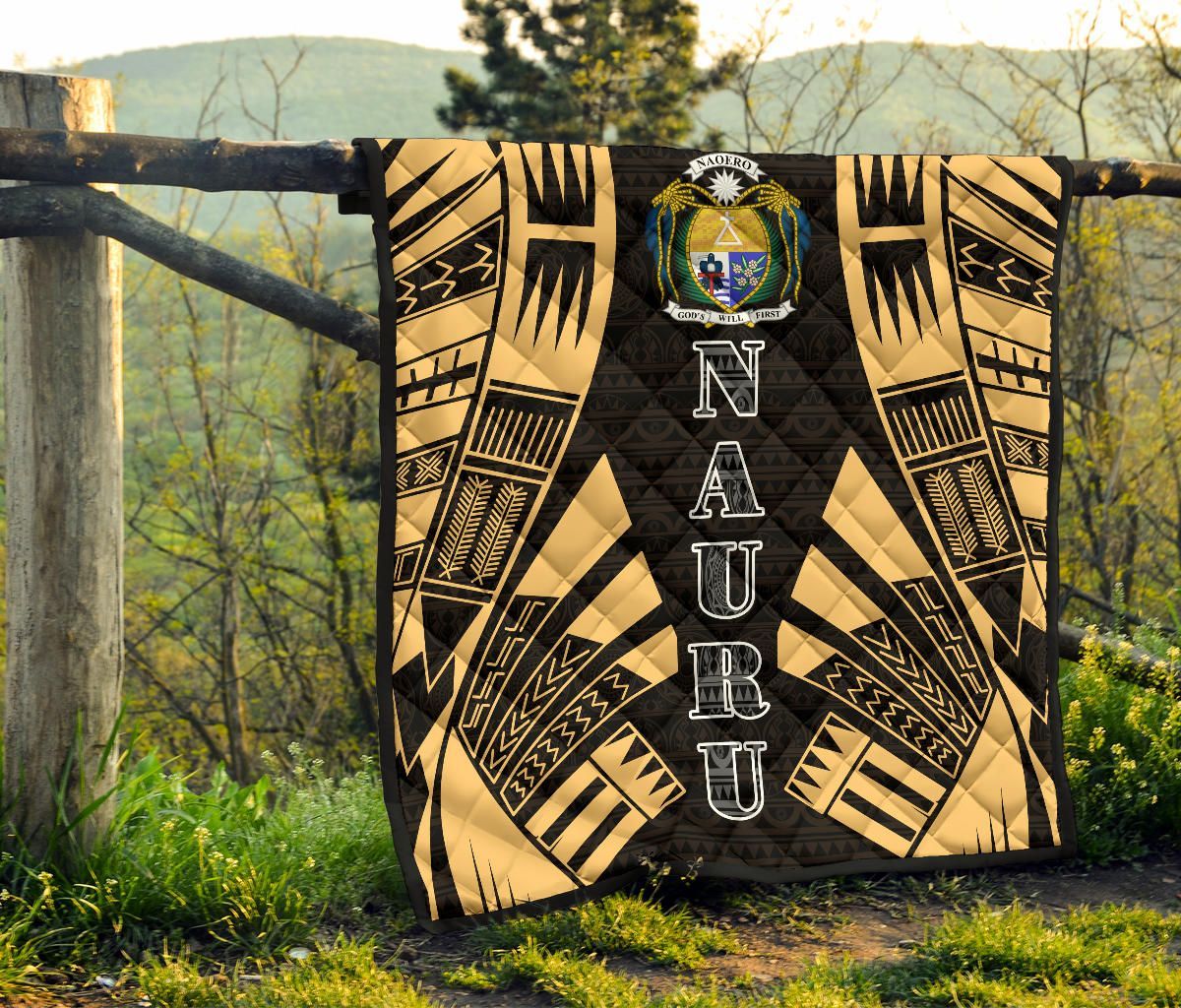 Nauru Premium Quilt - Nauru Coat Of Arms Polynesian Gold Tattoo