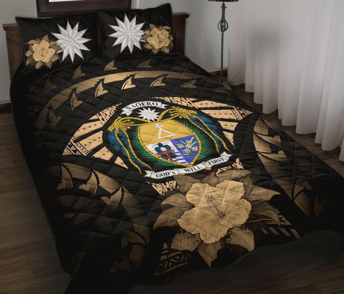 Nauru Polynesian Quilt Bed Set Hibiscus Gold