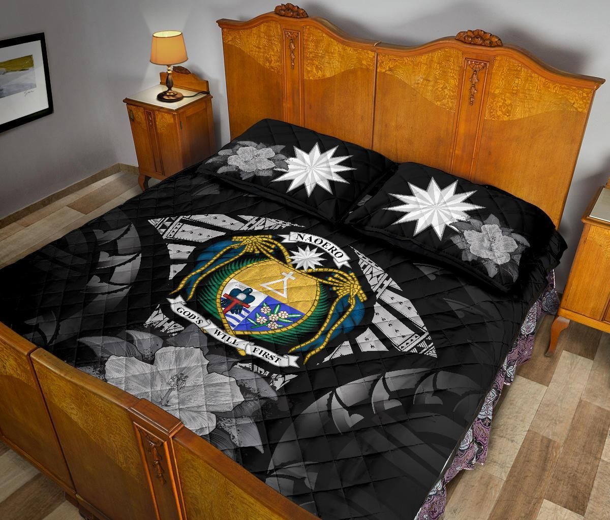 Nauru Polynesian Quilt Bed Set Hibiscus Gray