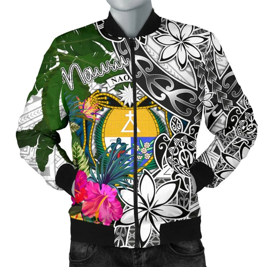 Nauru Bomber Jacket White - Turtle Plumeria Banana Leaf Crest