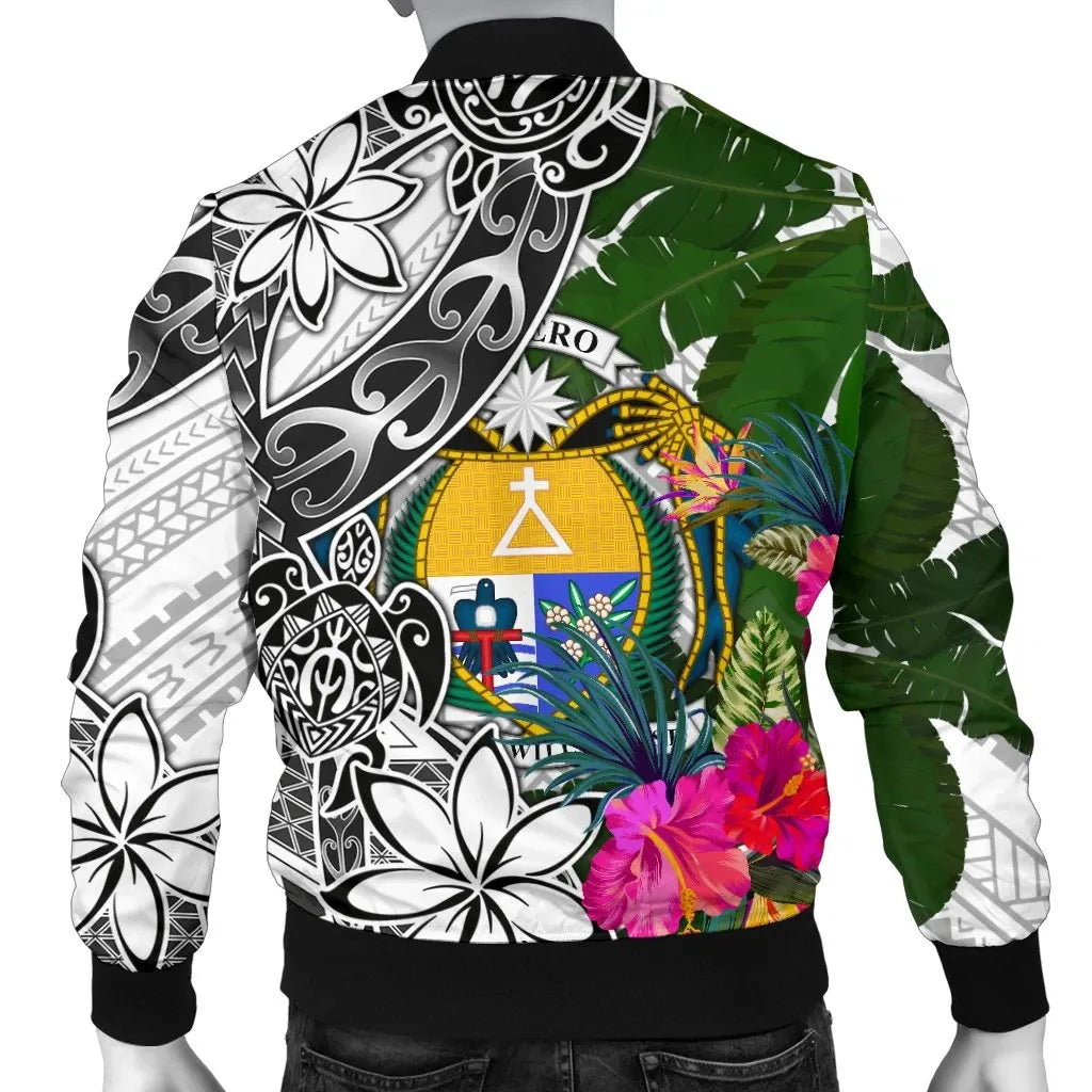 Nauru Bomber Jacket White - Turtle Plumeria Banana Leaf Crest