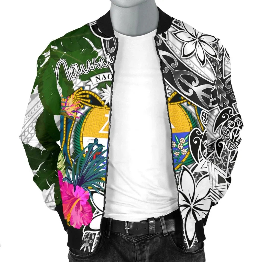 Nauru Bomber Jacket White - Turtle Plumeria Banana Leaf Crest