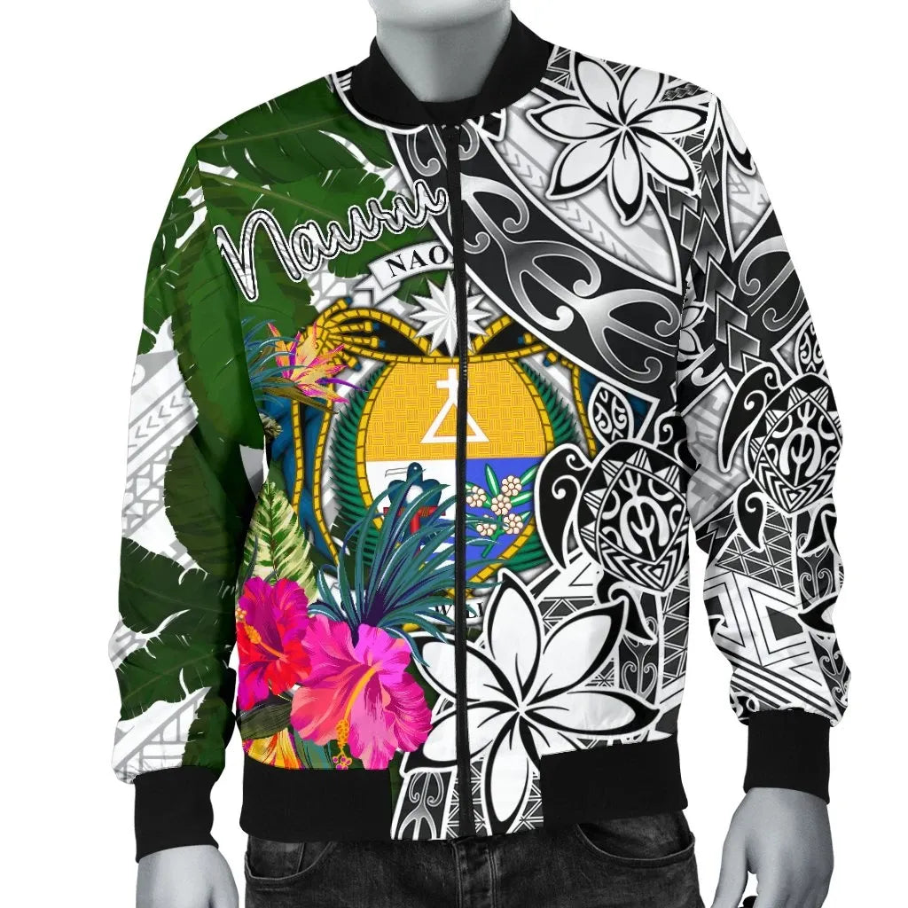 Nauru Bomber Jacket White - Turtle Plumeria Banana Leaf Crest