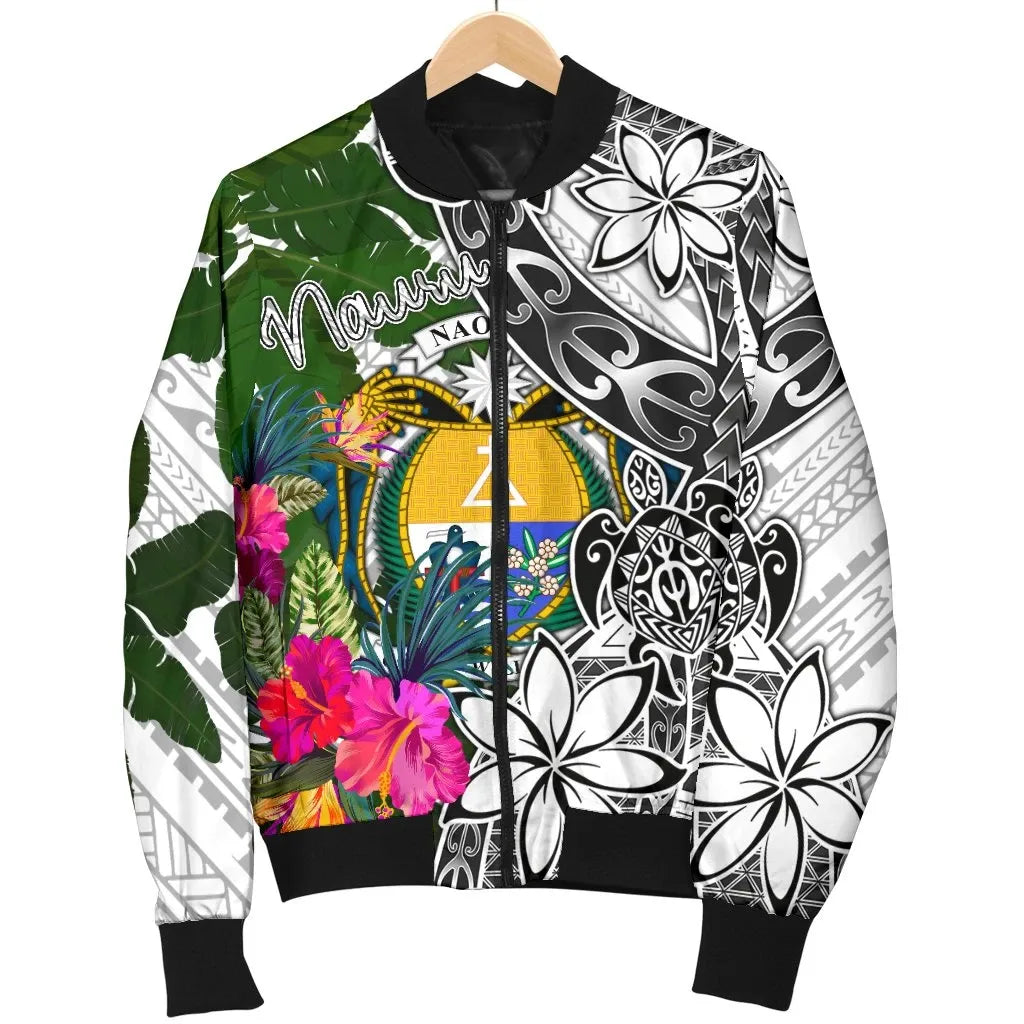Nauru Bomber Jacket White - Turtle Plumeria Banana Leaf Crest