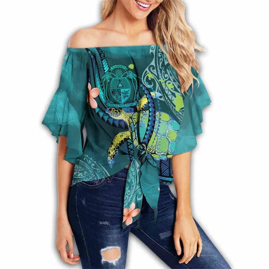 Nauru Off Shoulder Wrap Waist Top - Turtle With Pattern