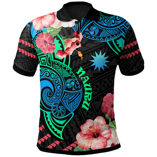 Nauru Polo Shirt - Polynesian Pride with Hibicus Flower Tribal Pattern