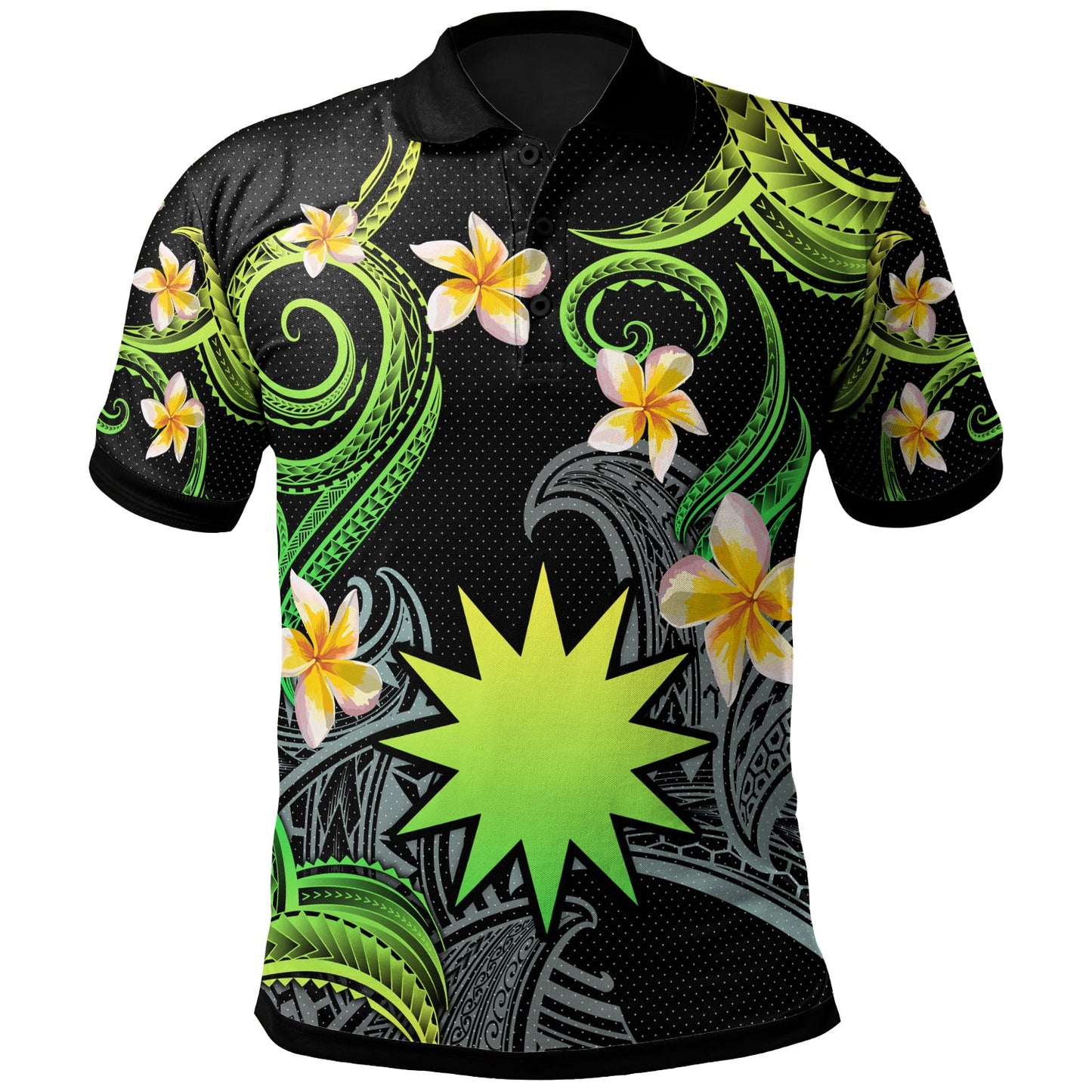 Nauru Polo Shirt - Custom Personalised Polynesian Waves with Plumeria Flowers (Green)