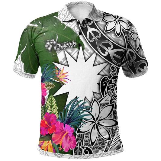 Nauru Polo Shirt White - Turtle Plumeria Banana Leaf