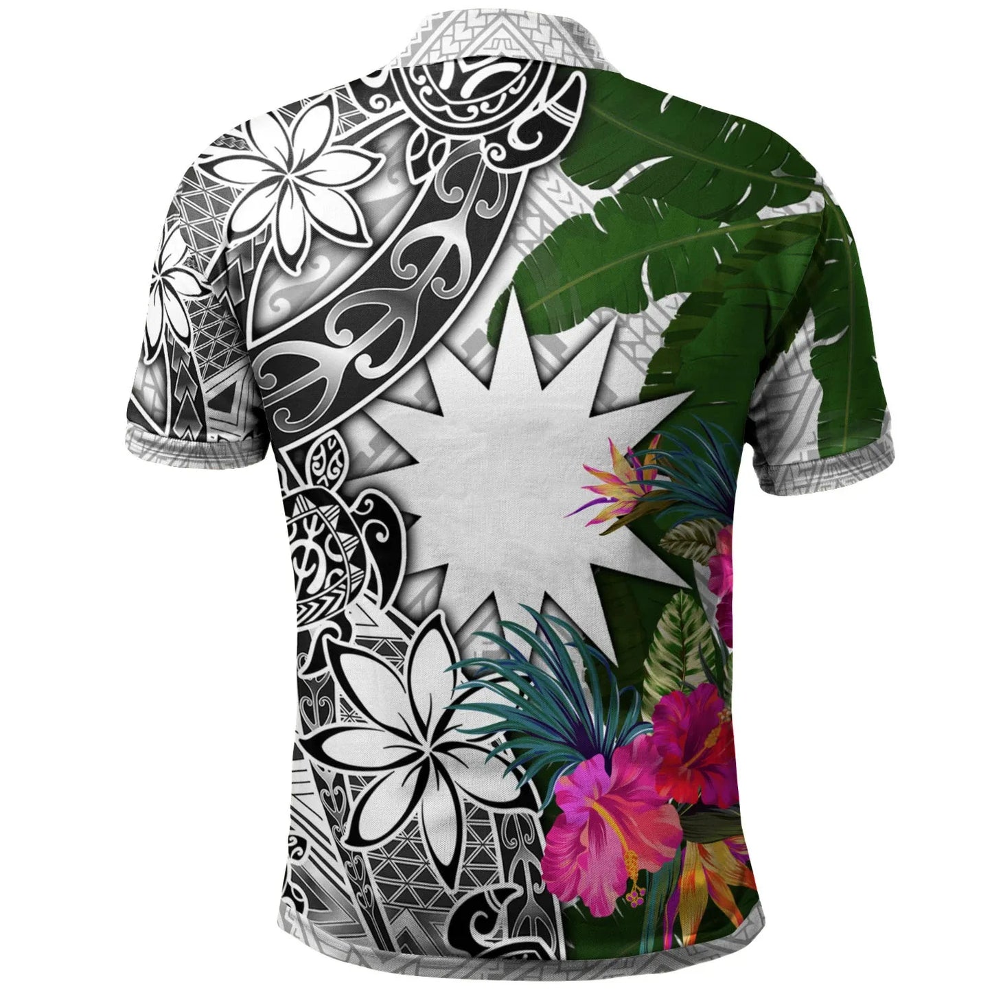 Nauru Polo Shirt White - Turtle Plumeria Banana Leaf