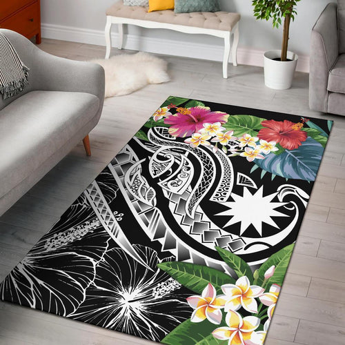 Nauru Polynesian Area Rug - Summer Plumeria (Black)