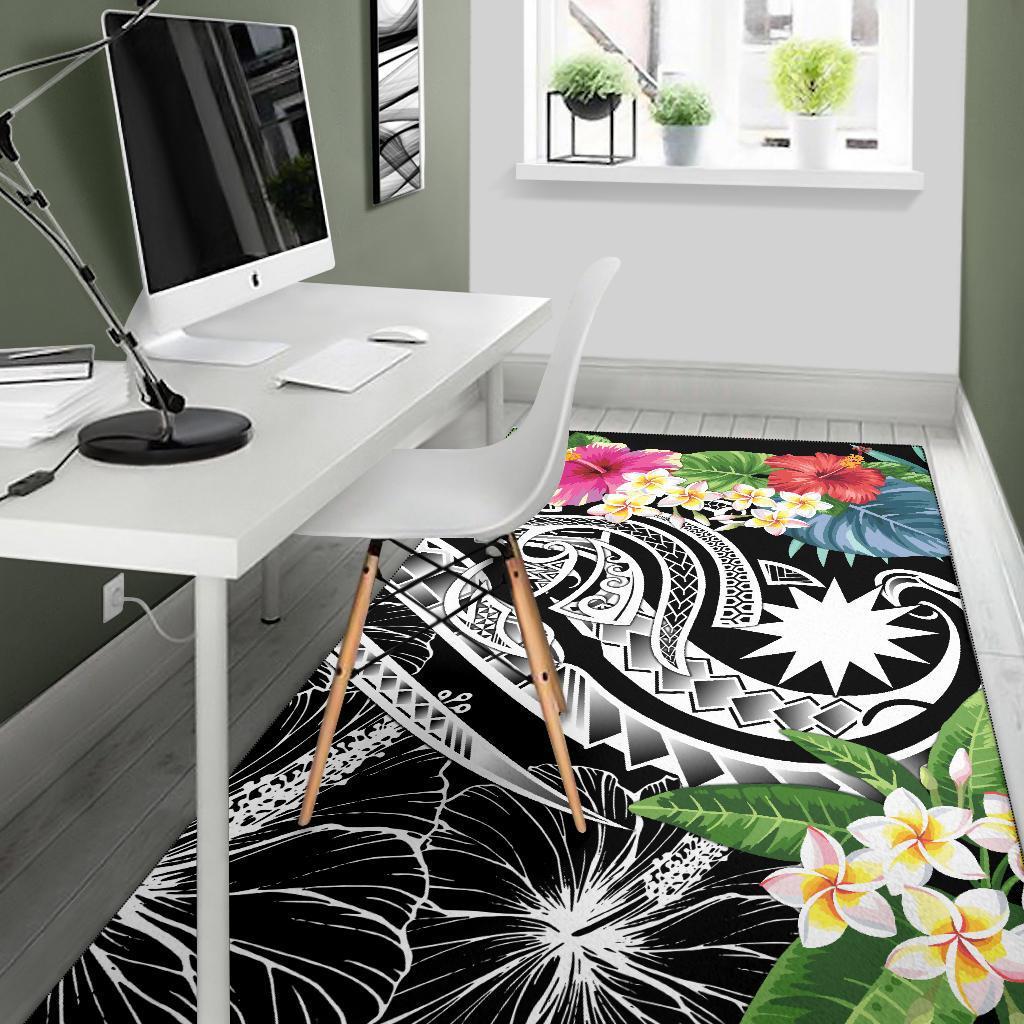 Nauru Polynesian Area Rug - Summer Plumeria (Black)