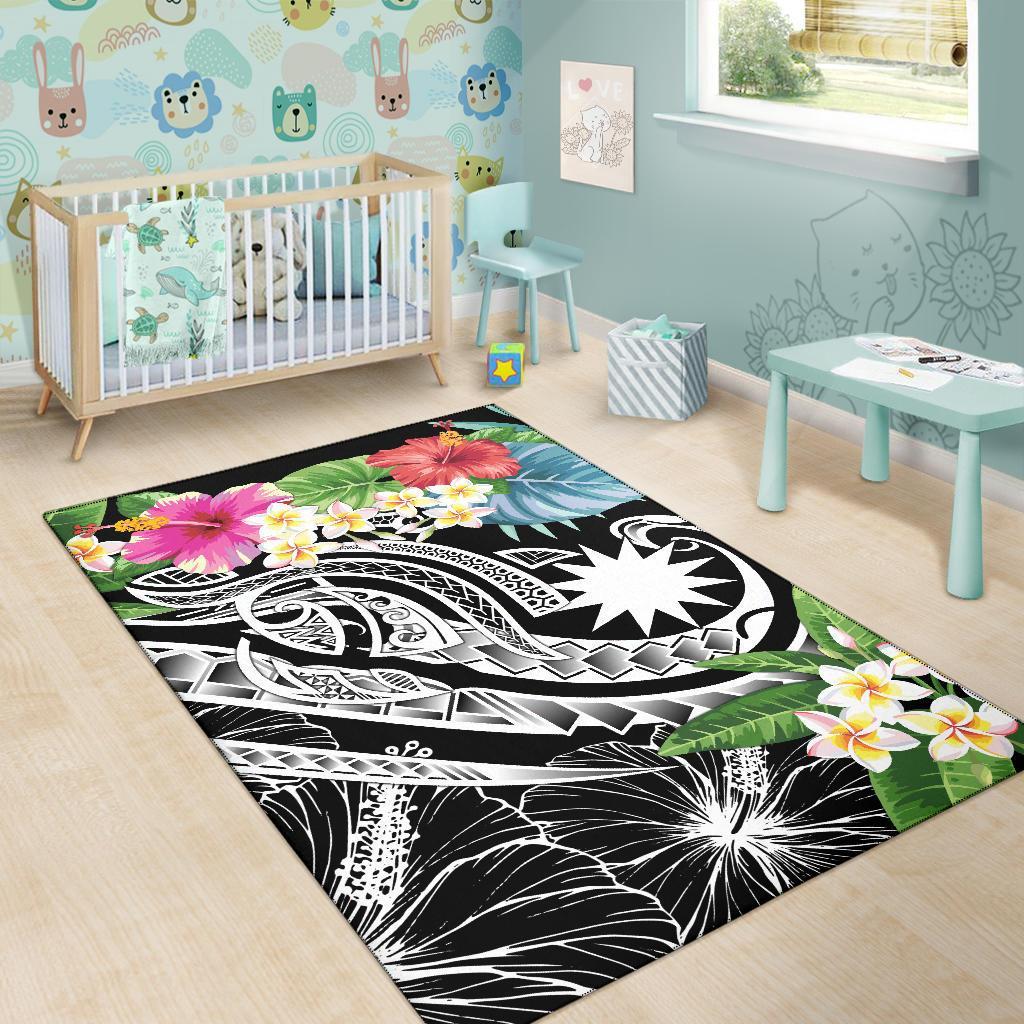 Nauru Polynesian Area Rug - Summer Plumeria (Black)