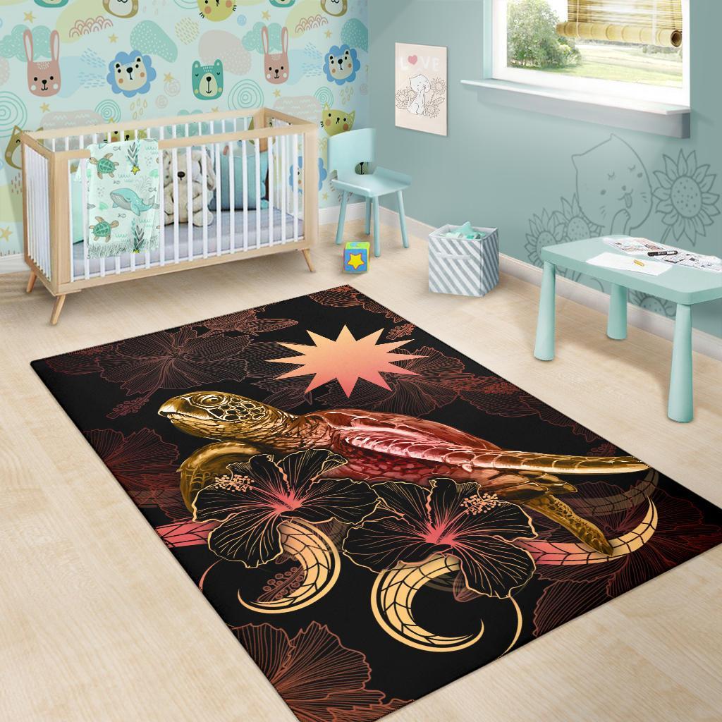 Nauru Polynesian Area Rugs - Turtle With Blooming Hibiscus Gold
