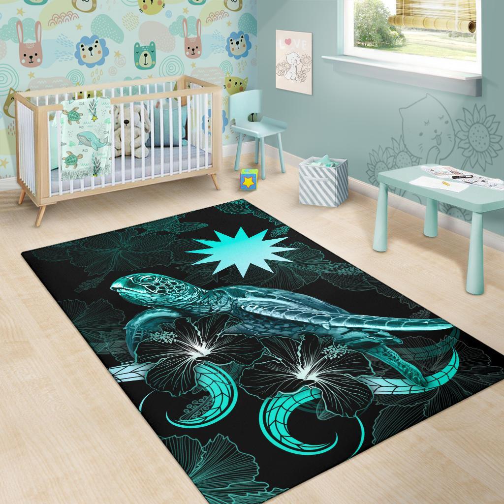 Nauru Polynesian Area Rugs - Turtle With Blooming Hibiscus Turquoise