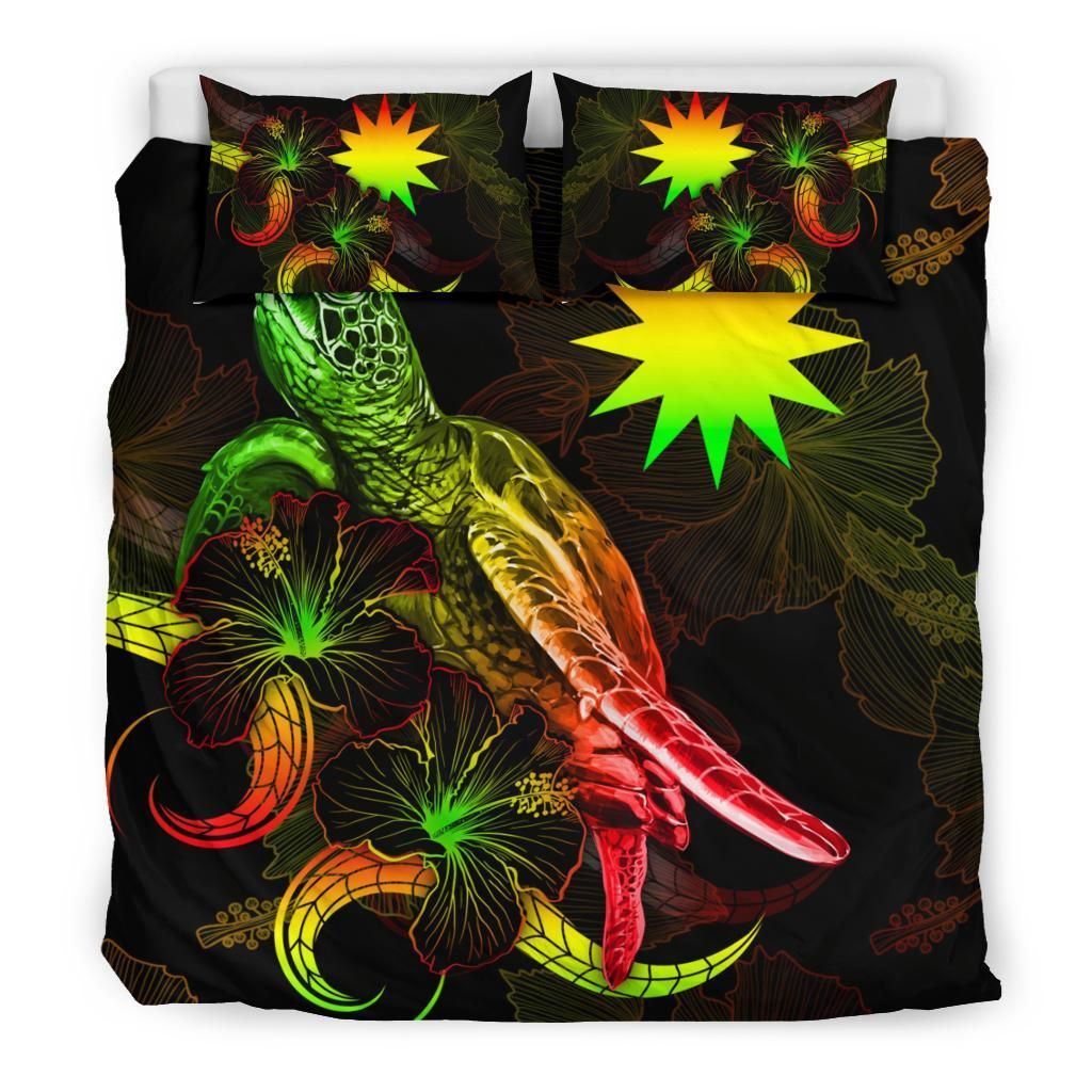 Nauru Polynesian Bedding Set - Turtle With Blooming Hibiscus Reggae